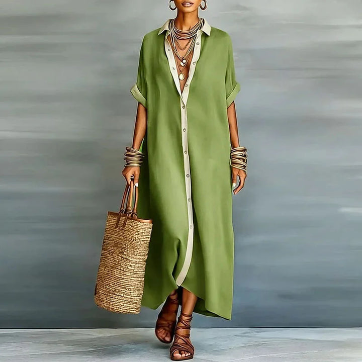 Women's Maxi Shirt Sundress with Spread Collar and Contrast Button Placket