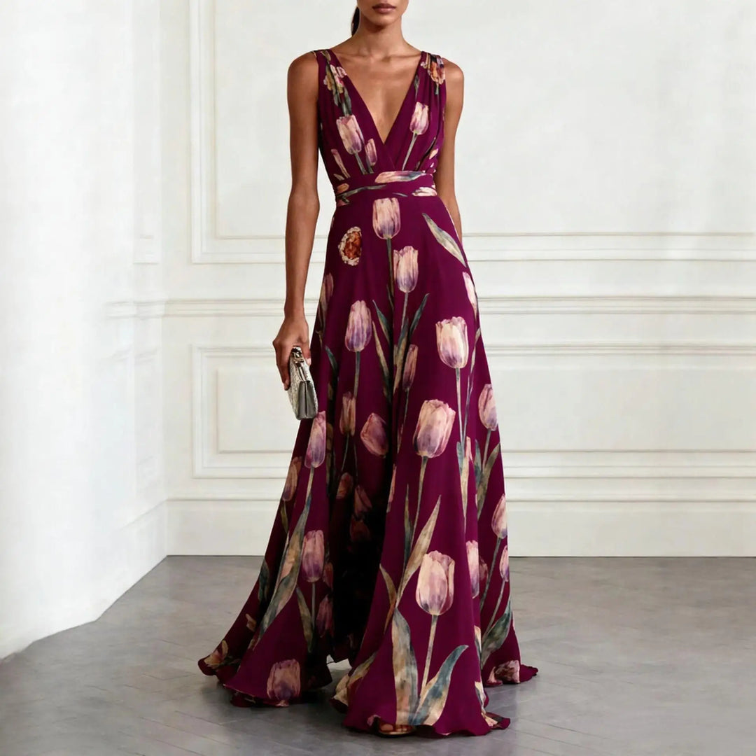 Women's Tulip Print Maxi Dress V-Neck Sleeveless Chiffon