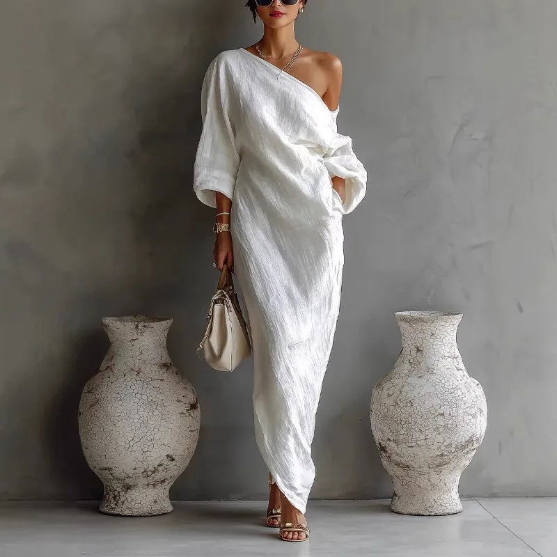 Women's One Shoulder Linen Maxi Dress Batwing Sleeve