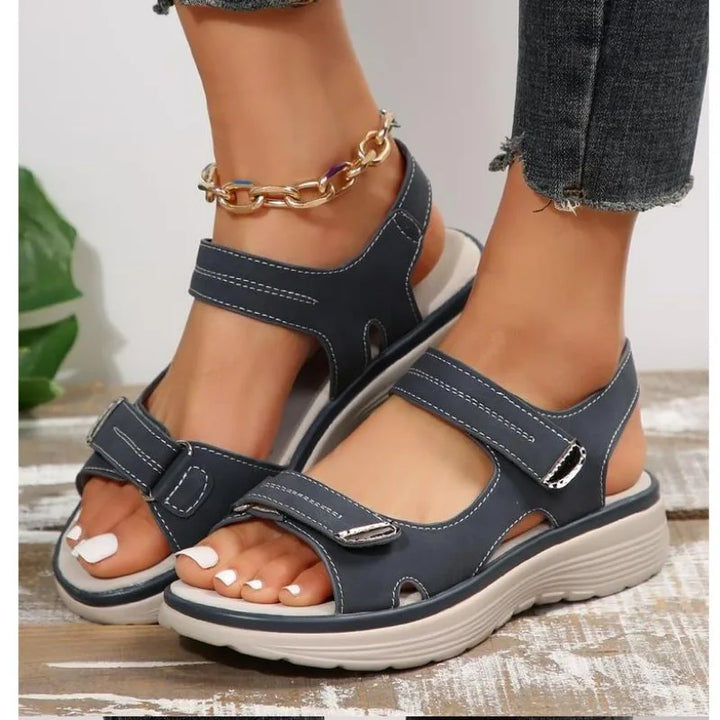 Women's Open Toe Wedge Sandals with Two Hook and Loop Straps and Gold Detail