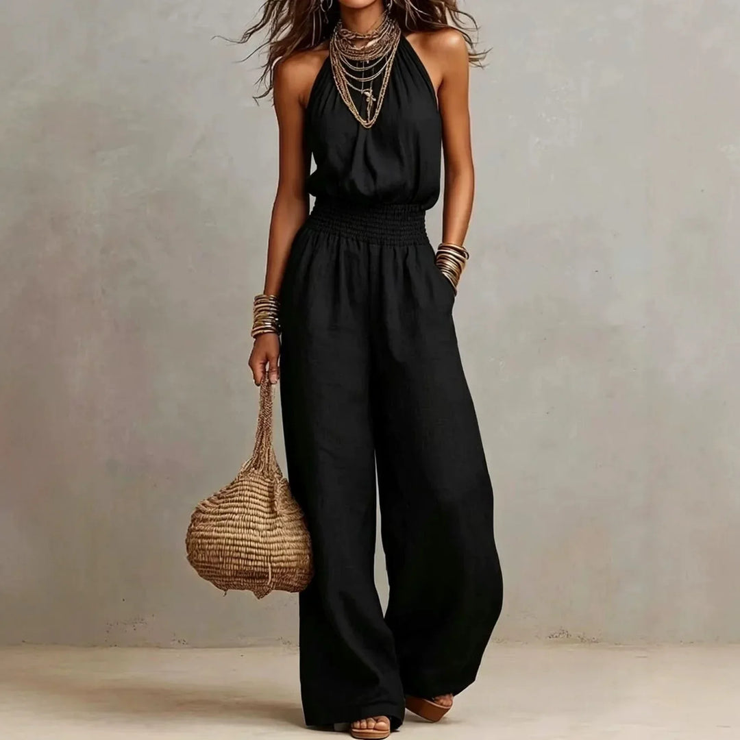 Women's Halter Neck Wide Leg Jumpsuit Elastic Waist Boho