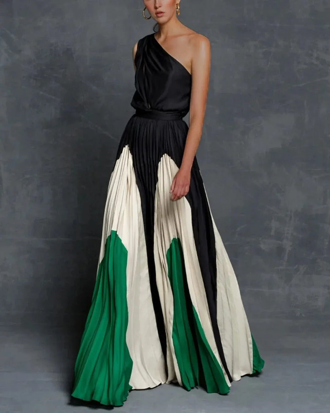 Women's Color Block Pleated Maxi Dress with One-Shoulder Neckline