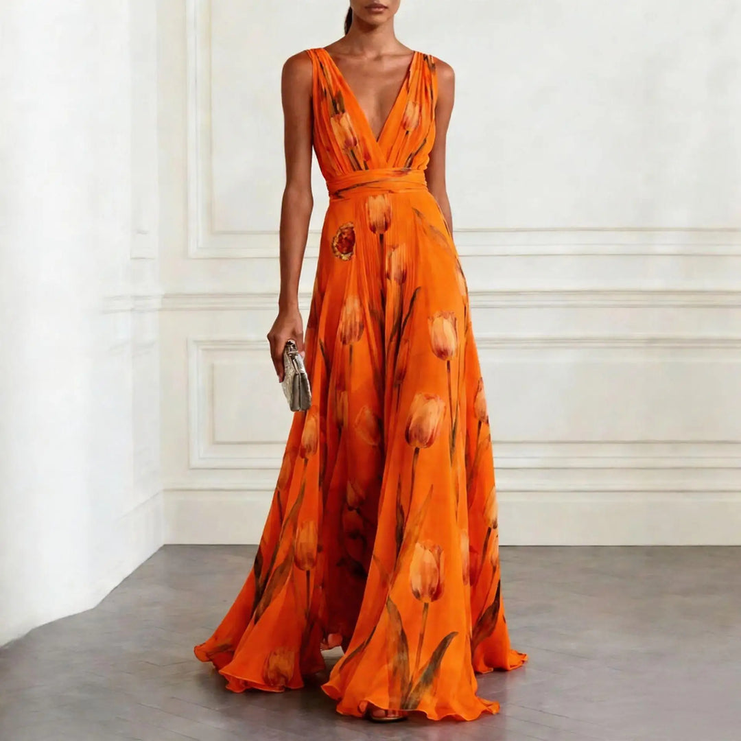 Women's Tulip Print Maxi Dress V-Neck Sleeveless Chiffon