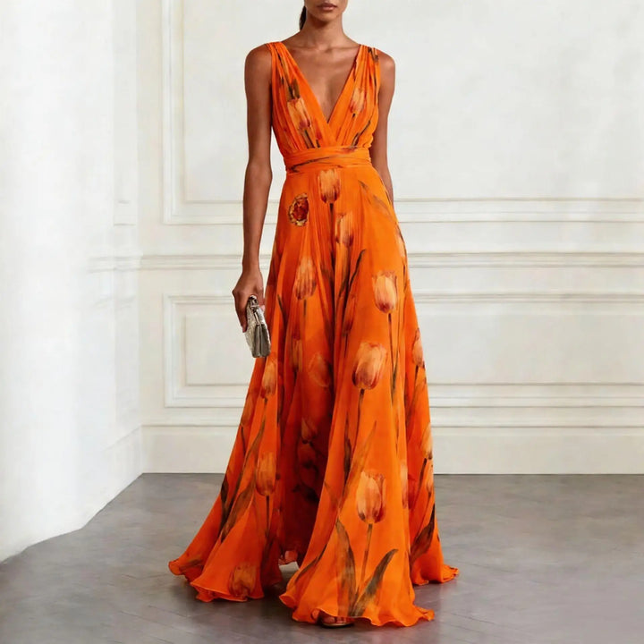 Women's Tulip Print Maxi Dress V-Neck Sleeveless Chiffon