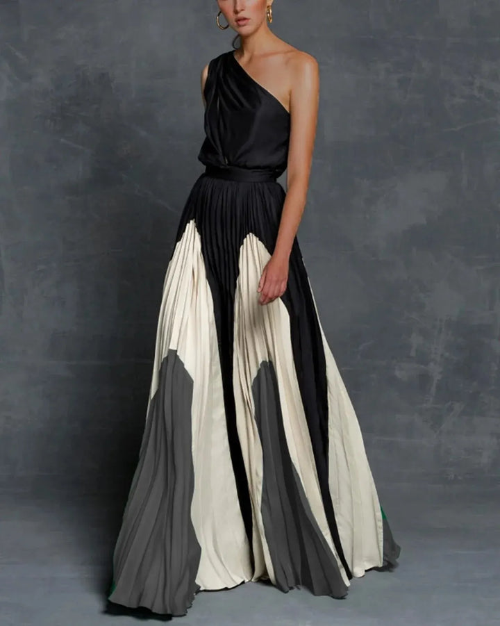 Women's Color Block Pleated Maxi Dress with One-Shoulder Neckline