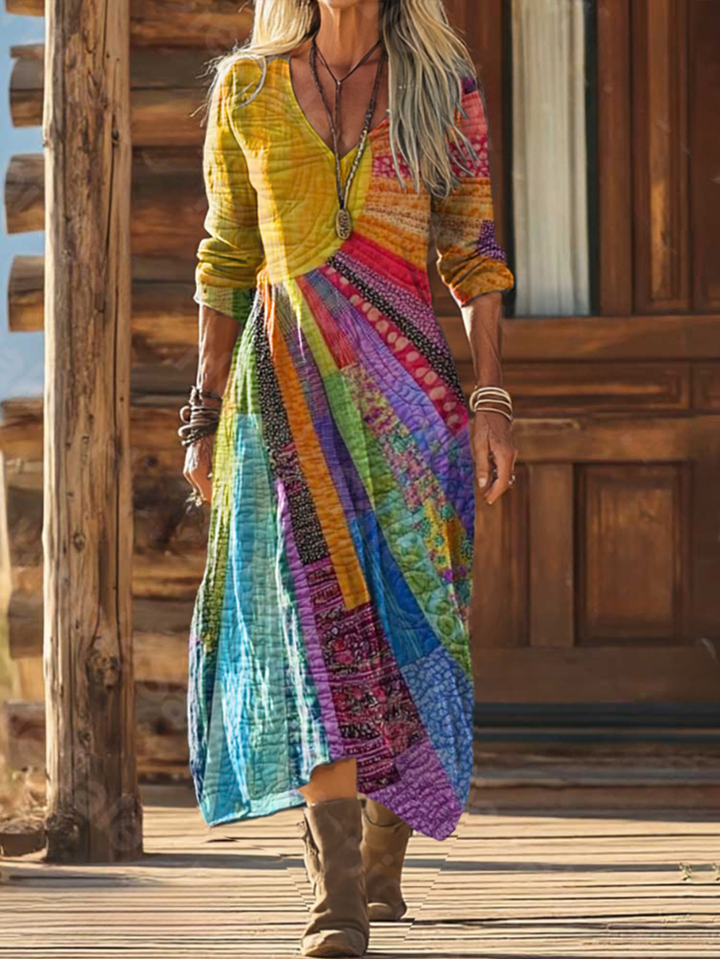 Boho Long Sleeve Maxi Dress V-Neck Patchwork Print