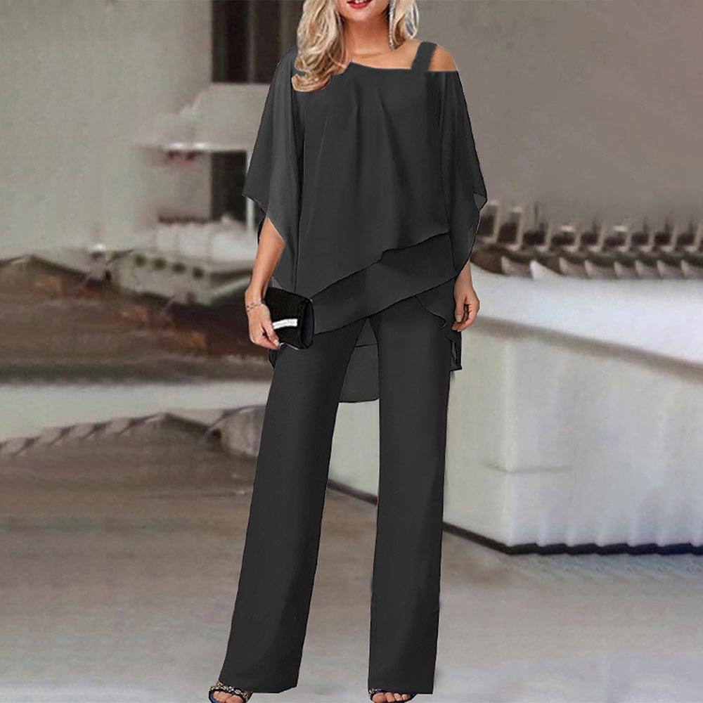 Women's Chiffon Cold Shoulder Top and Wide Leg Pants Set
