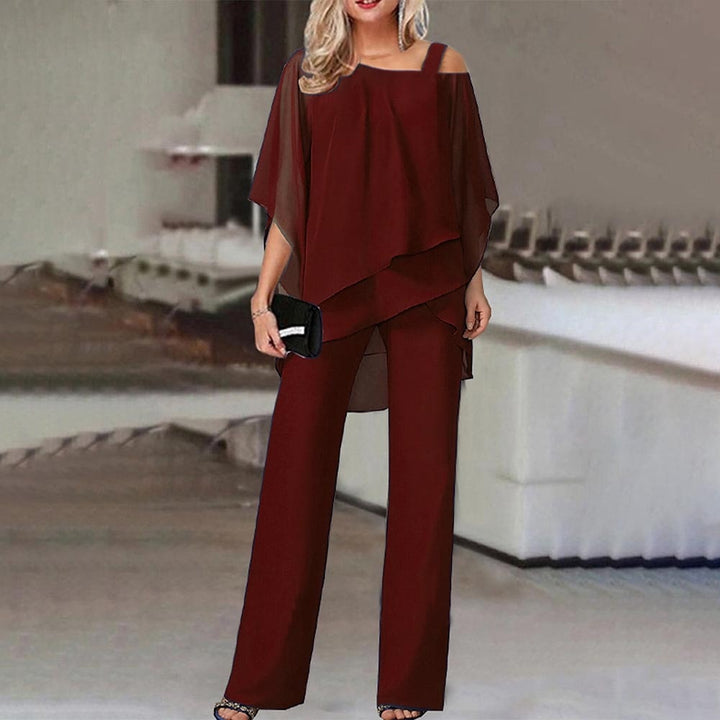 Women's Chiffon Cold Shoulder Top and Wide Leg Pants Set