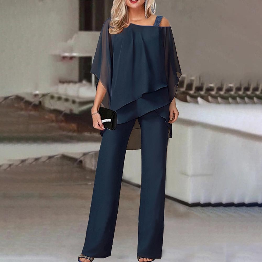 Women's Chiffon Cold Shoulder Top and Wide Leg Pants Set