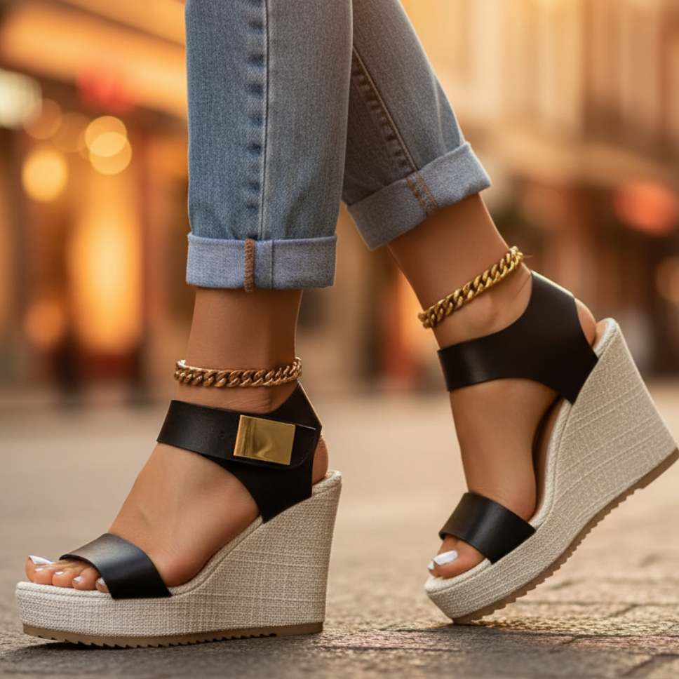 Women's Open Toe Espadrille Wedge Sandals with Chain Detail Ankle Strap