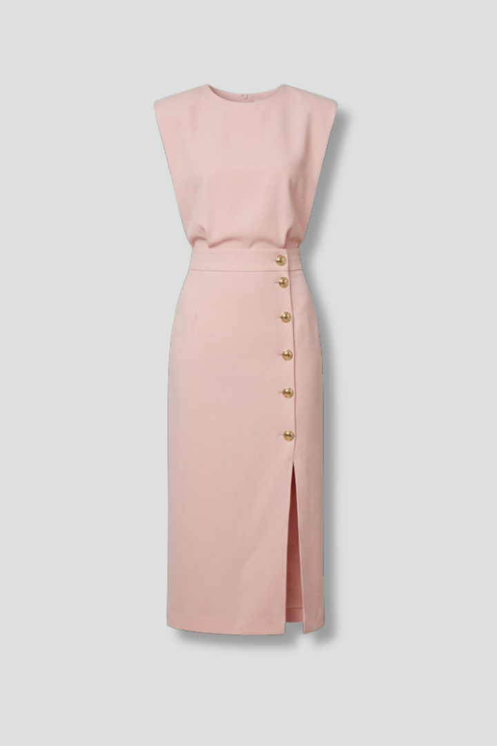 Women's Sleeveless Midi Dress Round Neck Button Slit