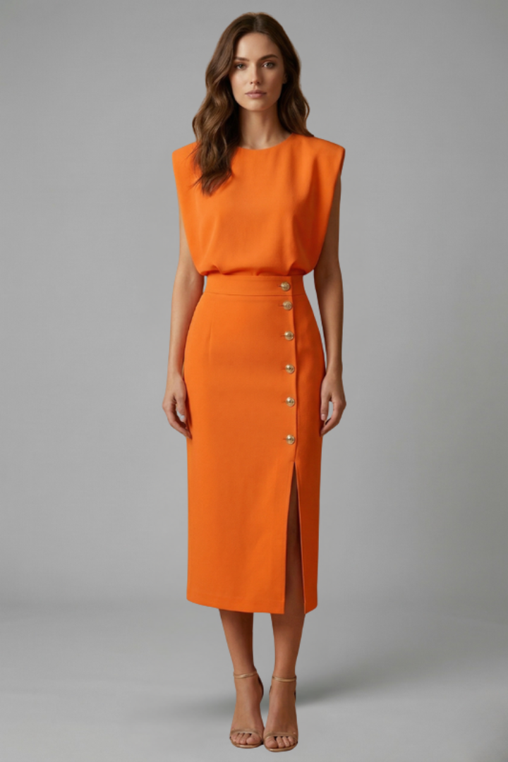 Women's Sleeveless Midi Dress Round Neck Button Slit