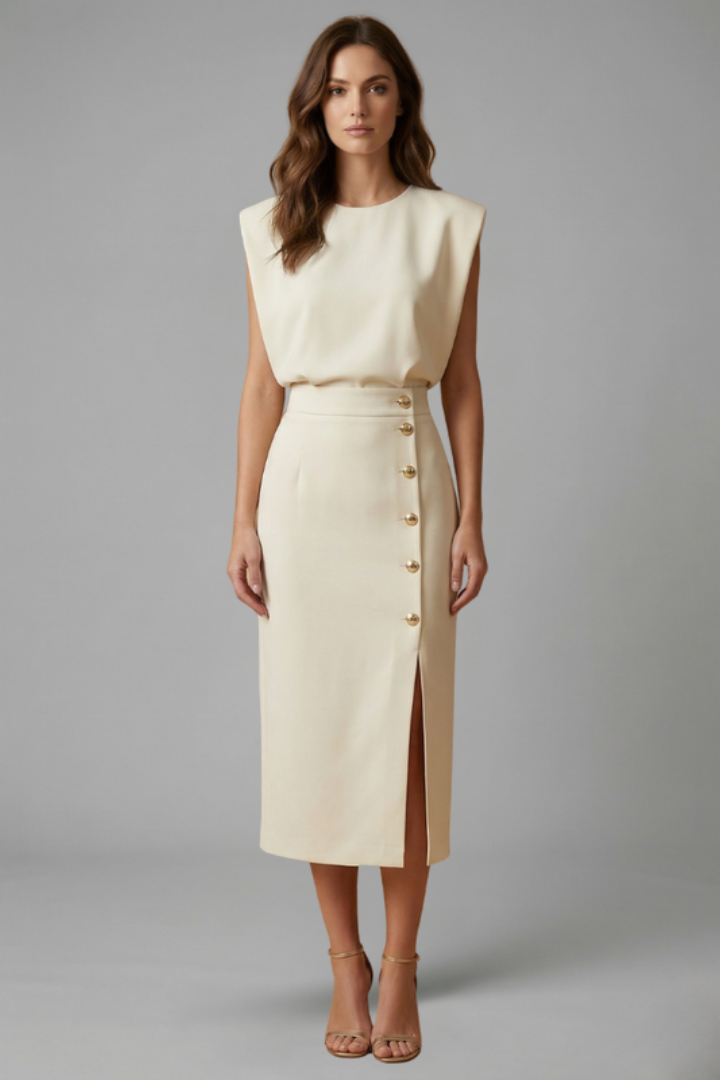 Women's Sleeveless Midi Dress Round Neck Button Slit