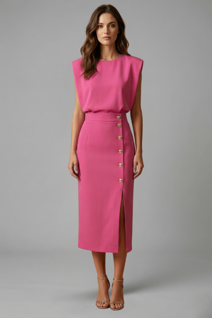 Women's Sleeveless Midi Dress Round Neck Button Slit