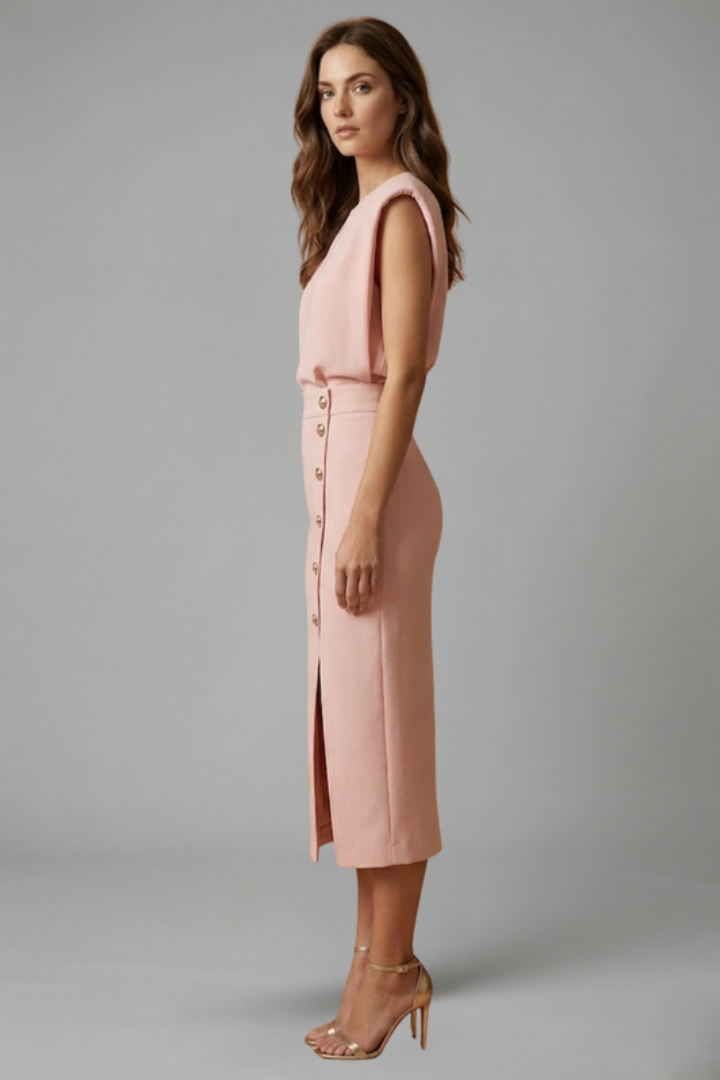 Women's Sleeveless Midi Dress Round Neck Button Slit