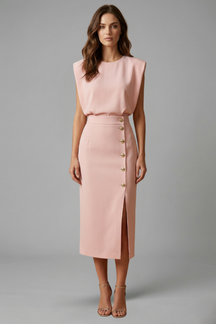Women's Sleeveless Midi Dress Round Neck Button Slit