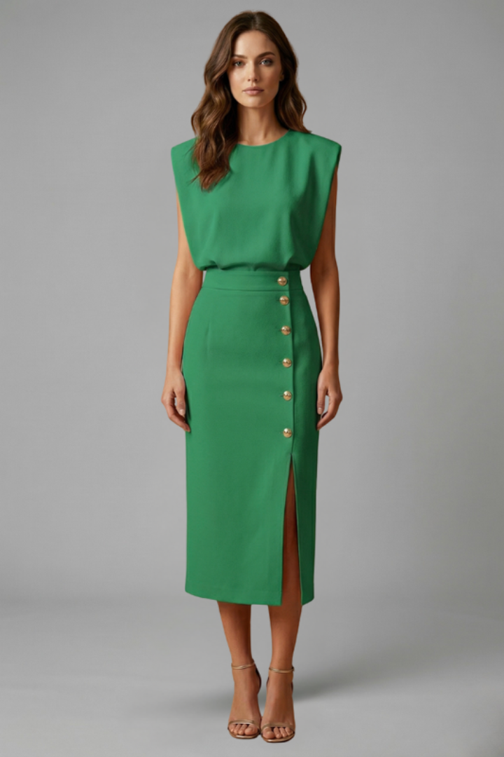 Women's Sleeveless Midi Dress Round Neck Button Slit