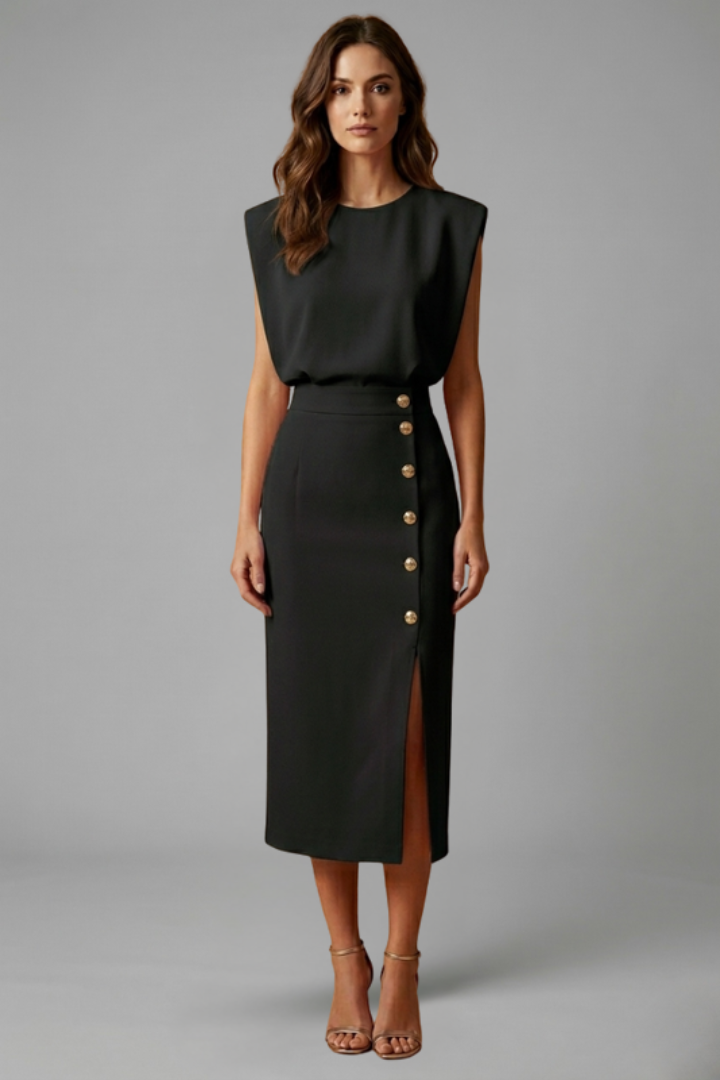 Women's Sleeveless Midi Dress Round Neck Button Slit