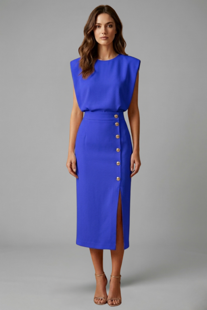 Women's Sleeveless Midi Dress Round Neck Button Slit