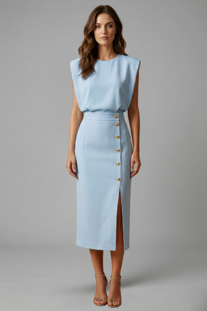 Women's Sleeveless Midi Dress Round Neck Button Slit