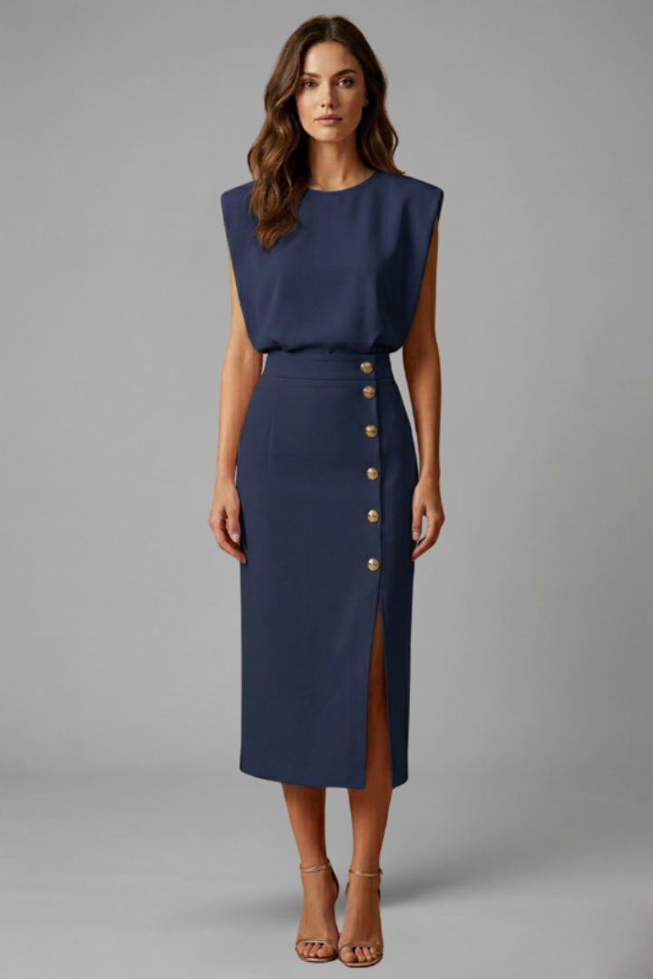 Women's Sleeveless Midi Dress Round Neck Button Slit