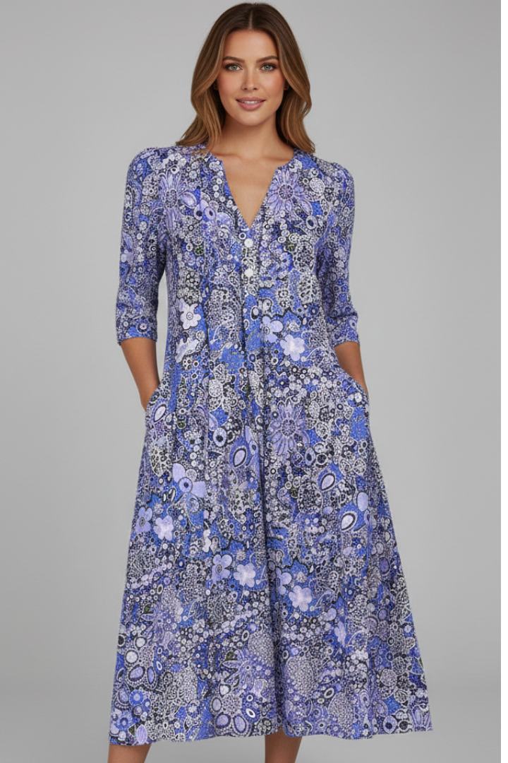 Women's Boho Floral Print V-Neck Midi Dress Pockets