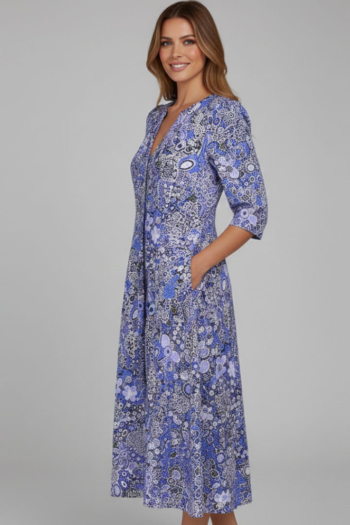 Women's Boho Floral Print V-Neck Midi Dress Pockets