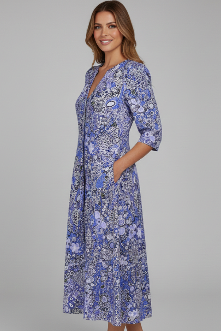 Women's Boho Floral Print V-Neck Midi Dress Pockets