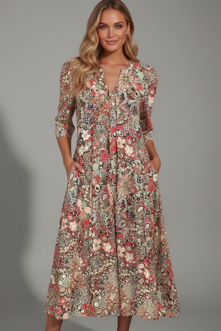 Women's Boho Floral Print V-Neck Midi Dress Pockets