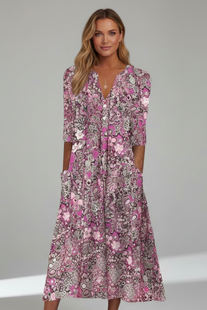 Women's Boho Floral Print V-Neck Midi Dress Pockets