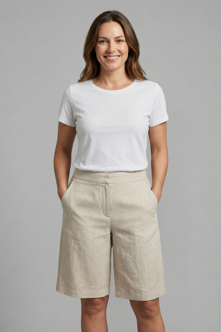 Women's Linen Bermuda Shorts Elastic Waist Side Pockets