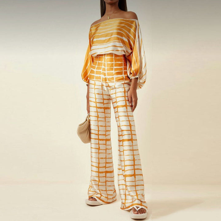 Women's Printed Two-Piece Set with One-Shoulder Top and Wide-Leg Pants