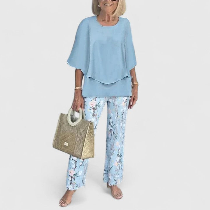 Women's Two-Piece Set with Layered Top and Printed Wide-Leg Pants