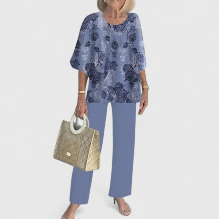 Women's Two-Piece Set with Layered Top and Printed Wide-Leg Pants