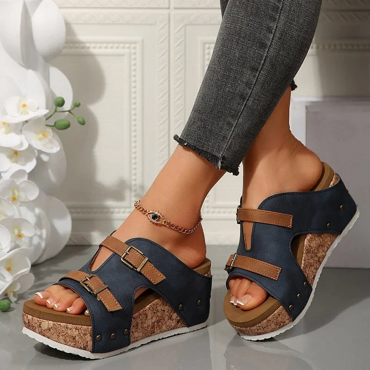 Women's Open Toe Platform Wedge Sandals with Double Buckle Straps