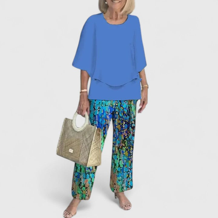 Women's Two-Piece Set with Layered Top and Printed Wide-Leg Pants