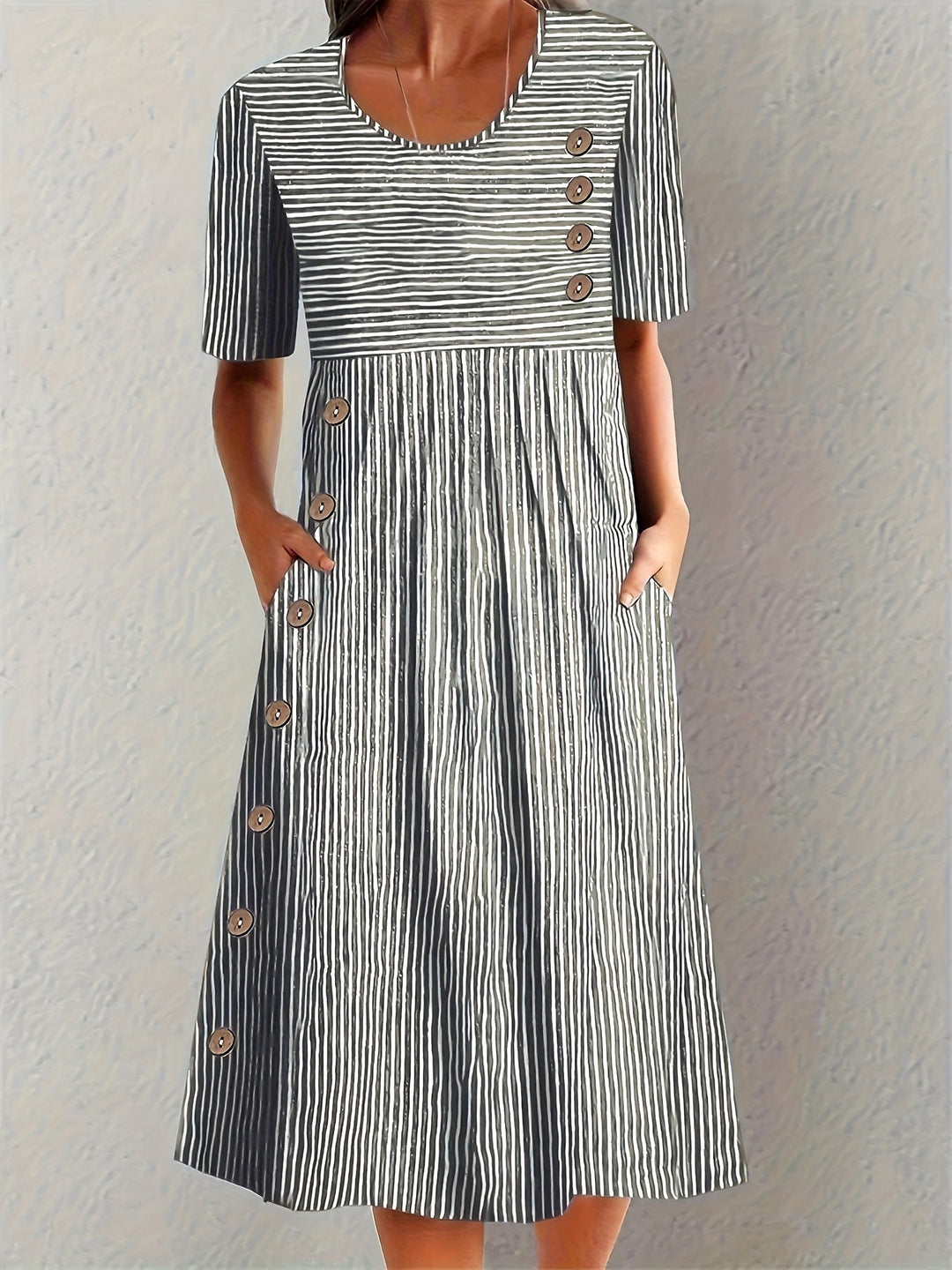 Women's Striped Summer Midi Dress with Scoop Neck and Side Button Detail