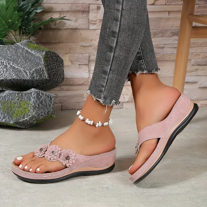 Women's Open Toe Wedge Flip Flop Sandals with Floral Toe Post Detail