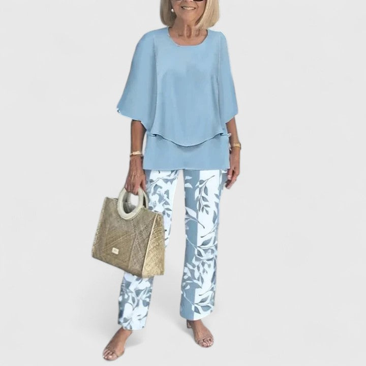 Women's Two-Piece Set with Layered Top and Printed Wide-Leg Pants