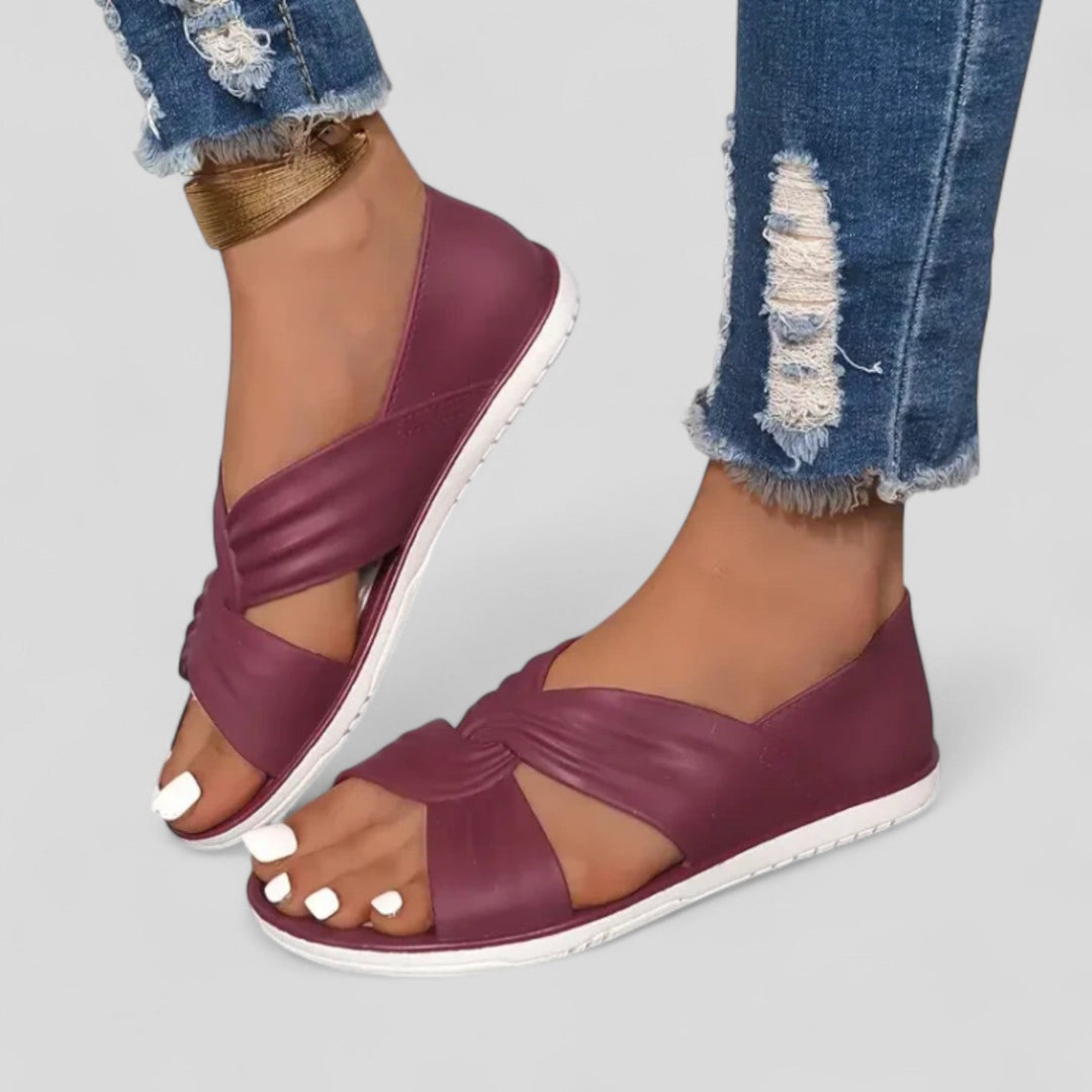 Women's Open Toe Flat Sandals with Twisted Crossover Straps and Closed Heel