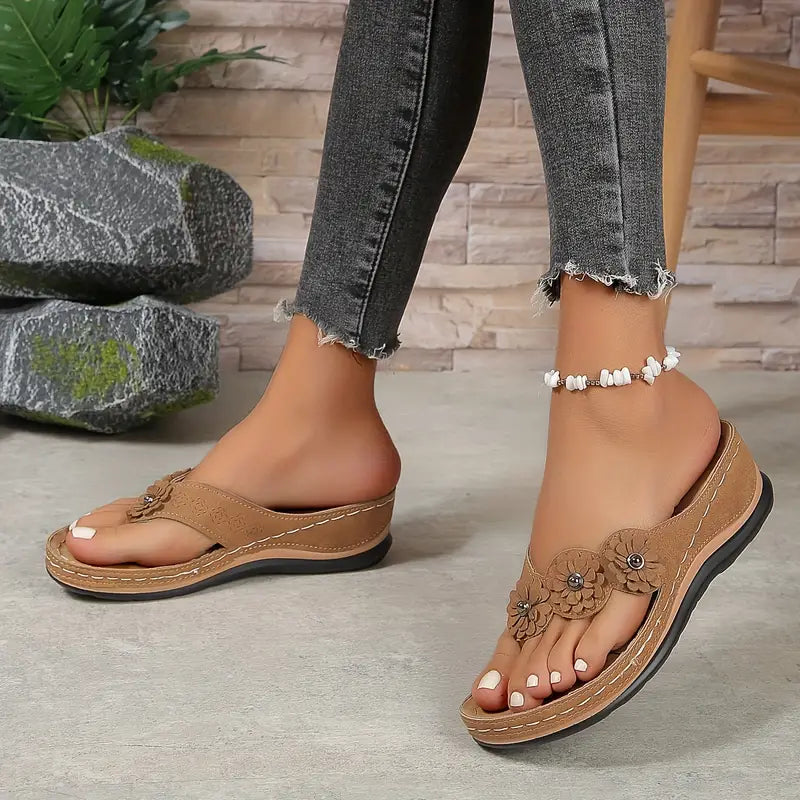 Women's Open Toe Wedge Flip Flop Sandals with Floral Toe Post Detail