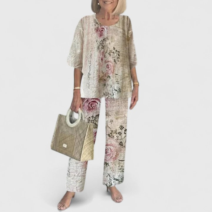 Women's Two-Piece Set with Layered Top and Printed Wide-Leg Pants