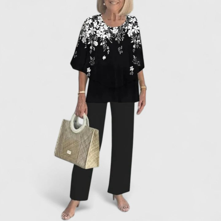 Women's Two-Piece Set with Layered Top and Printed Wide-Leg Pants