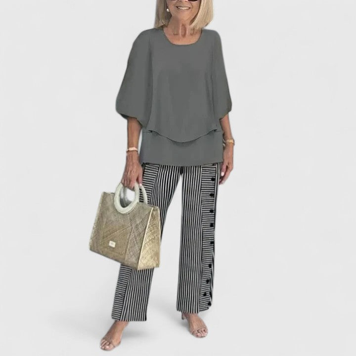 Women's Two-Piece Set with Layered Top and Printed Wide-Leg Pants