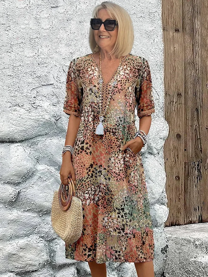 Women's Floral Print Midi Dress with V-Neck Tassel Detail and Loose Fit