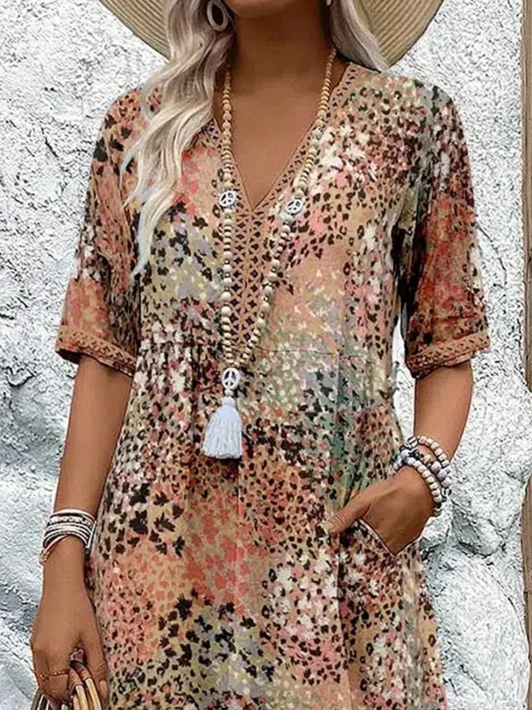 Women's Floral Print Midi Dress with V-Neck Tassel Detail and Loose Fit