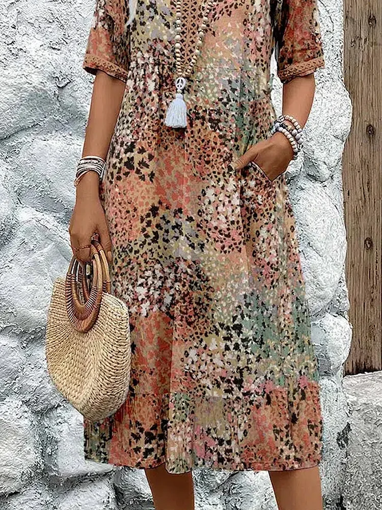 Women's Floral Print Midi Dress with V-Neck Tassel Detail and Loose Fit