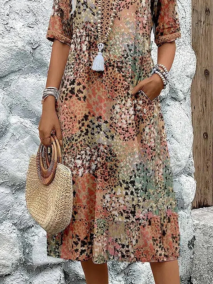 Women's Floral Print Midi Dress with V-Neck Tassel Detail and Loose Fit