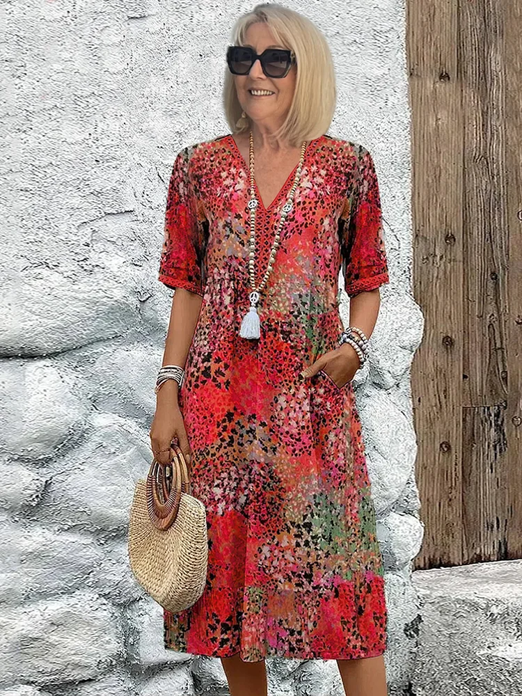 Women's Floral Print Midi Dress with V-Neck Tassel Detail and Loose Fit