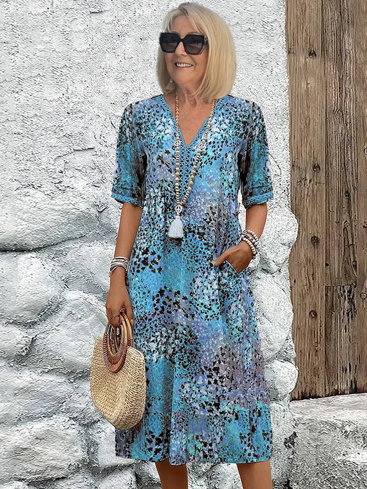 Women's Floral Print Midi Dress with V-Neck Tassel Detail and Loose Fit